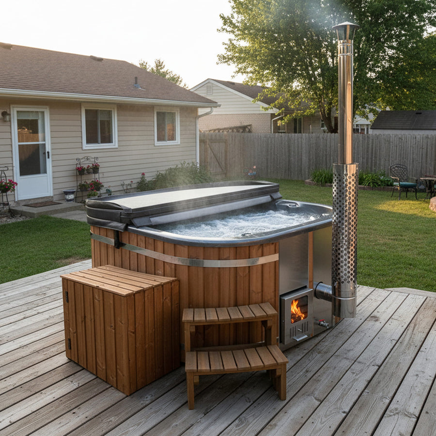 Super Offer | All Inclusive Square  Wood Fired Hot Tub | Air & Hydro Jets | Sand filter & UV-C | 4–6 seater
