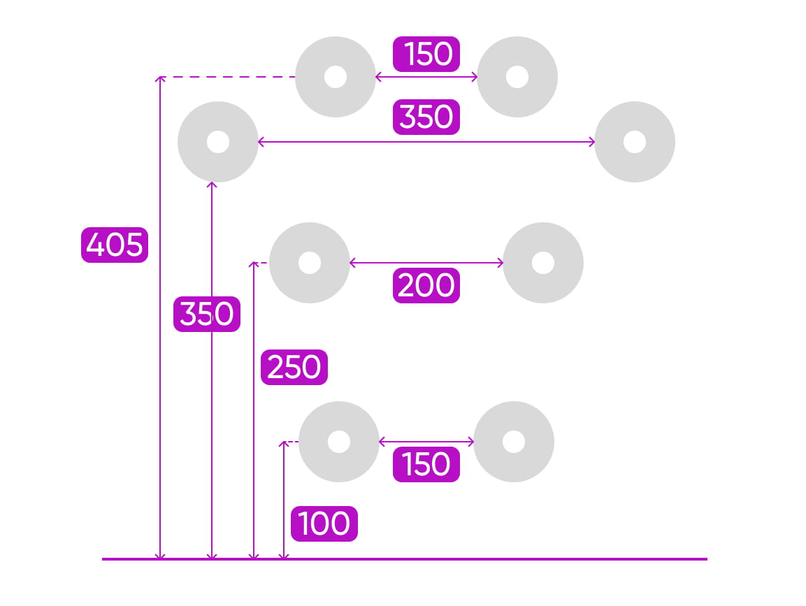 Diagram with circular shapes and measurements on a white background