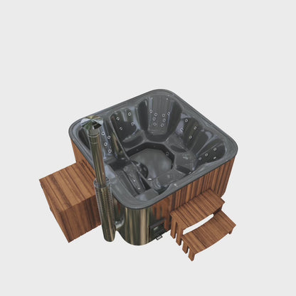 Premium Square Wood-Fired Hot Tub with 34 Hydro Jets & Reclining Lounger – Seats 6