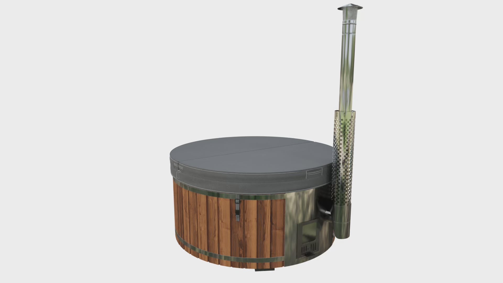 Load video: A depiction of the hot tub with a cover—showing how the cover is removed and placed nearby