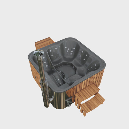 A square hot tub with a lounge seat and a dark gray interior liner, shown on a plain white background.
