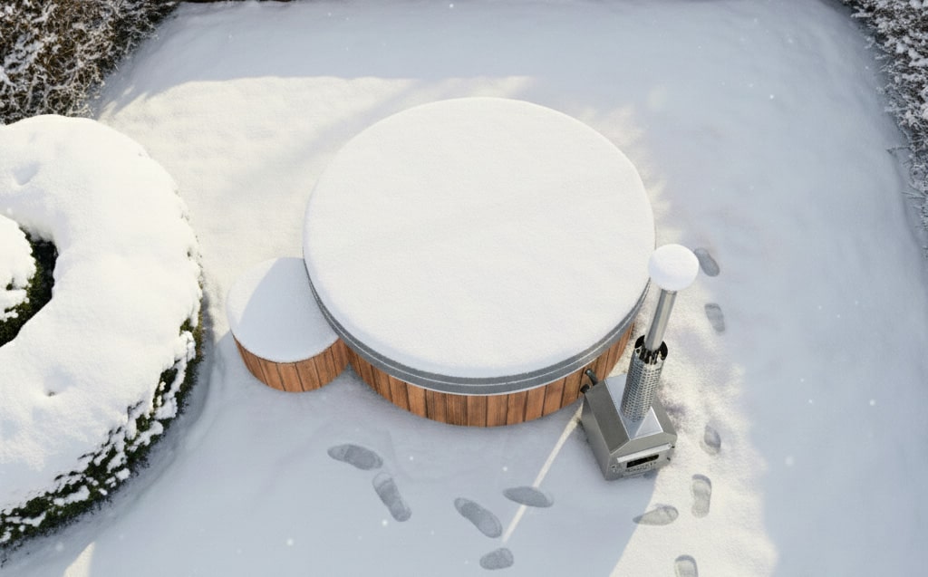 Snow-covered round wood-fired hot tub with an external stainless steel heater, surrounded by fresh snow and footprints in a winter garden.