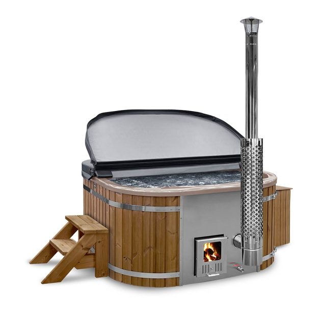 Gardenvity square wood fired hot tub with an integrated stove for 6 people and an acrylic liner