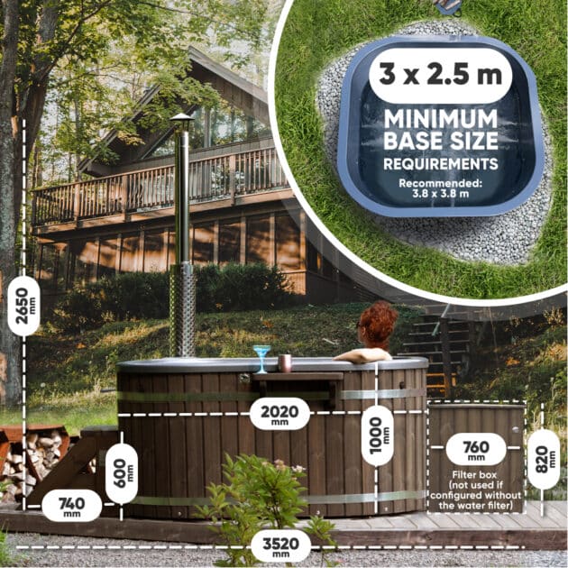 Measurements of the Gardenvity square wood-fired hot tub for 6 people