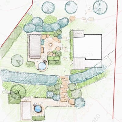 A garden outline with indicated good spots for a Gardenvity wood-fired hot tub. 