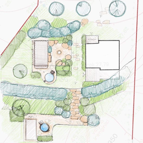 A garden outline with indicated good spots for a Gardenvity wood-fired hot tub.