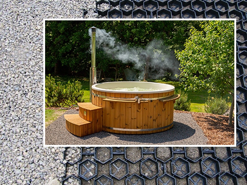 A gravel base with stabilisation grid serving as a base for a wood-fired hot tub.