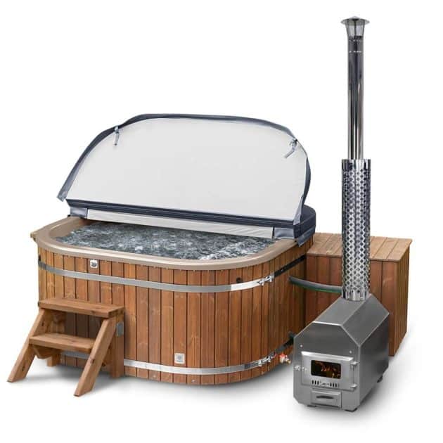 Gardenvity square wood fired hot tub with an external stove for 8 people and an acrylic liner