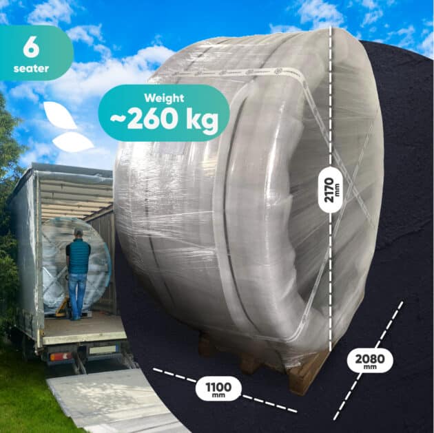 Weight and measurements of a packed round Gardenvity wood-fired hot tub for 6 people