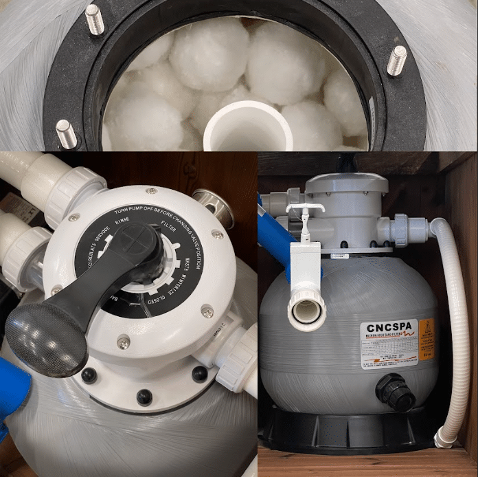 Sand filter with fibre balls used in Gardenvity wood-fired hot tubs for water hygiene.