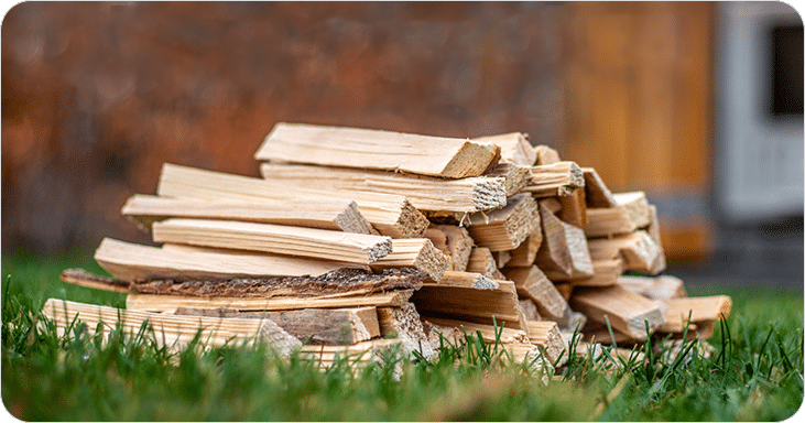 A pile of chopped firewood for kindling.