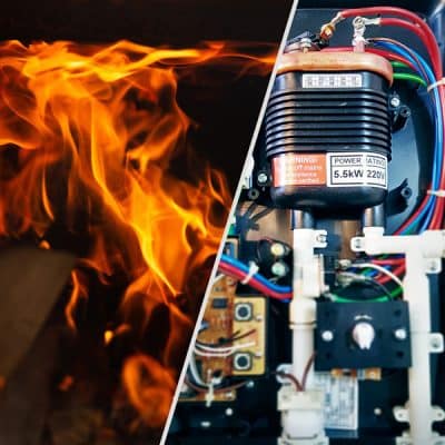 Fire and electric heating appliance shown side-by-side.