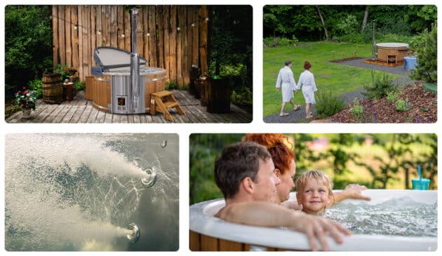 Family enjoys relaxation in a Gardenvity wood-fired hot tub.