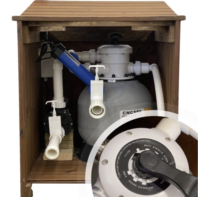 Wood-fired hot tub sand water filter system exposed ready to connect