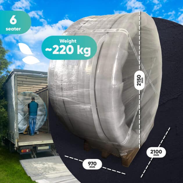 Weight and measurements of a packed round Gardenvity wood-fired hot tub for 6 people