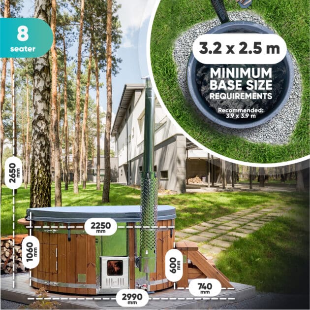 Measurements of the round Gardenvity wood-fired hot tub for 8 people