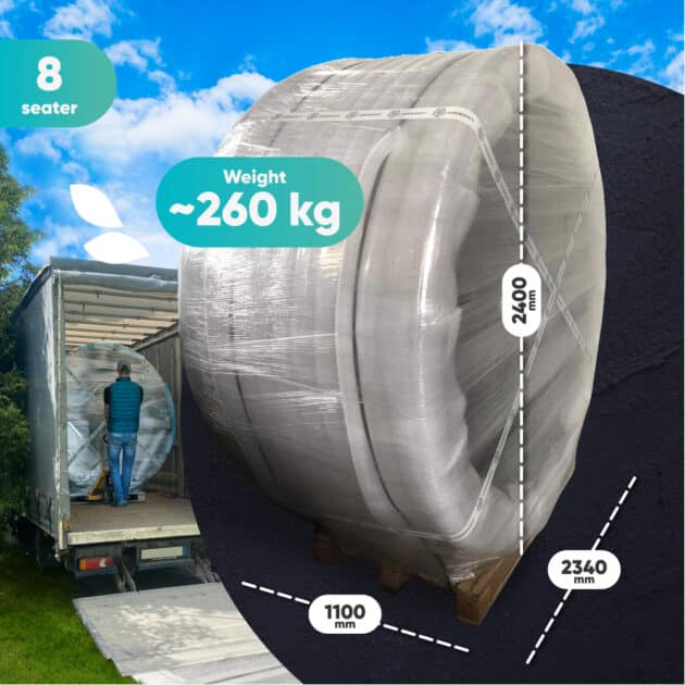 Weight and measurements of a packed round Gardenvity wood-fired hot tub for 8 people