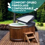 A comfort ofuro fiberglass Gardenvity wood-fired hot tub in the garden for 2 people