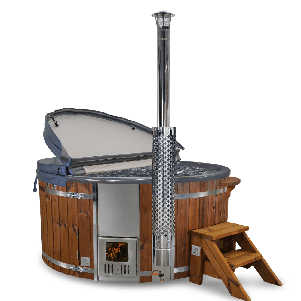 A comfort round wood fired hot tub with dark grey liner