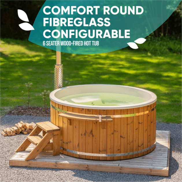 A round Gardenvity wood-fired hot tub for 6 people in the garden