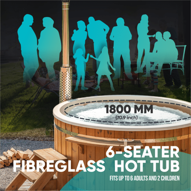 A round Gardenvity wood-fired hot tub for 6 people in the garden, 180 cm