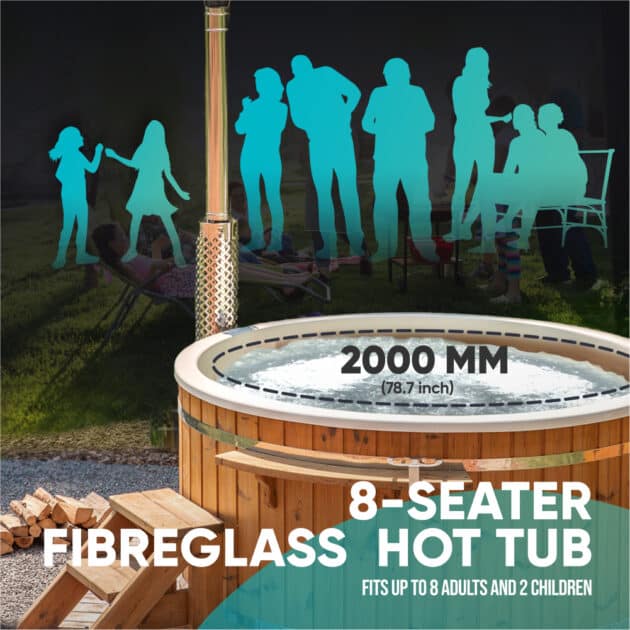 A round Gardenvity wood-fired hot tub for 8 people in the garden, 200 cm