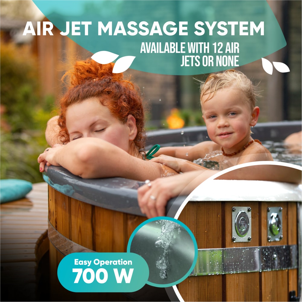 A comfort round wood fired hot tub with air jet massage system