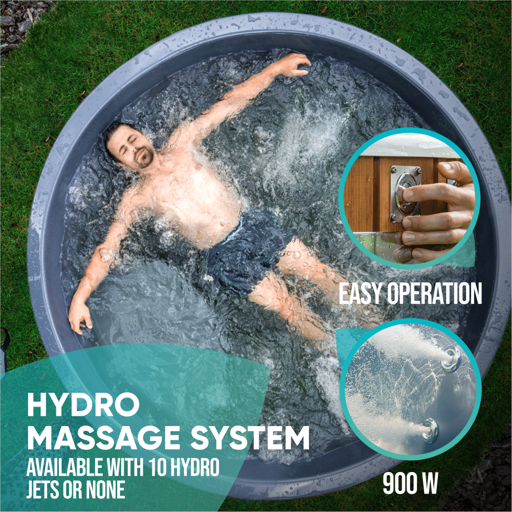 A comfort round wood fired hot tub with hydro massage system