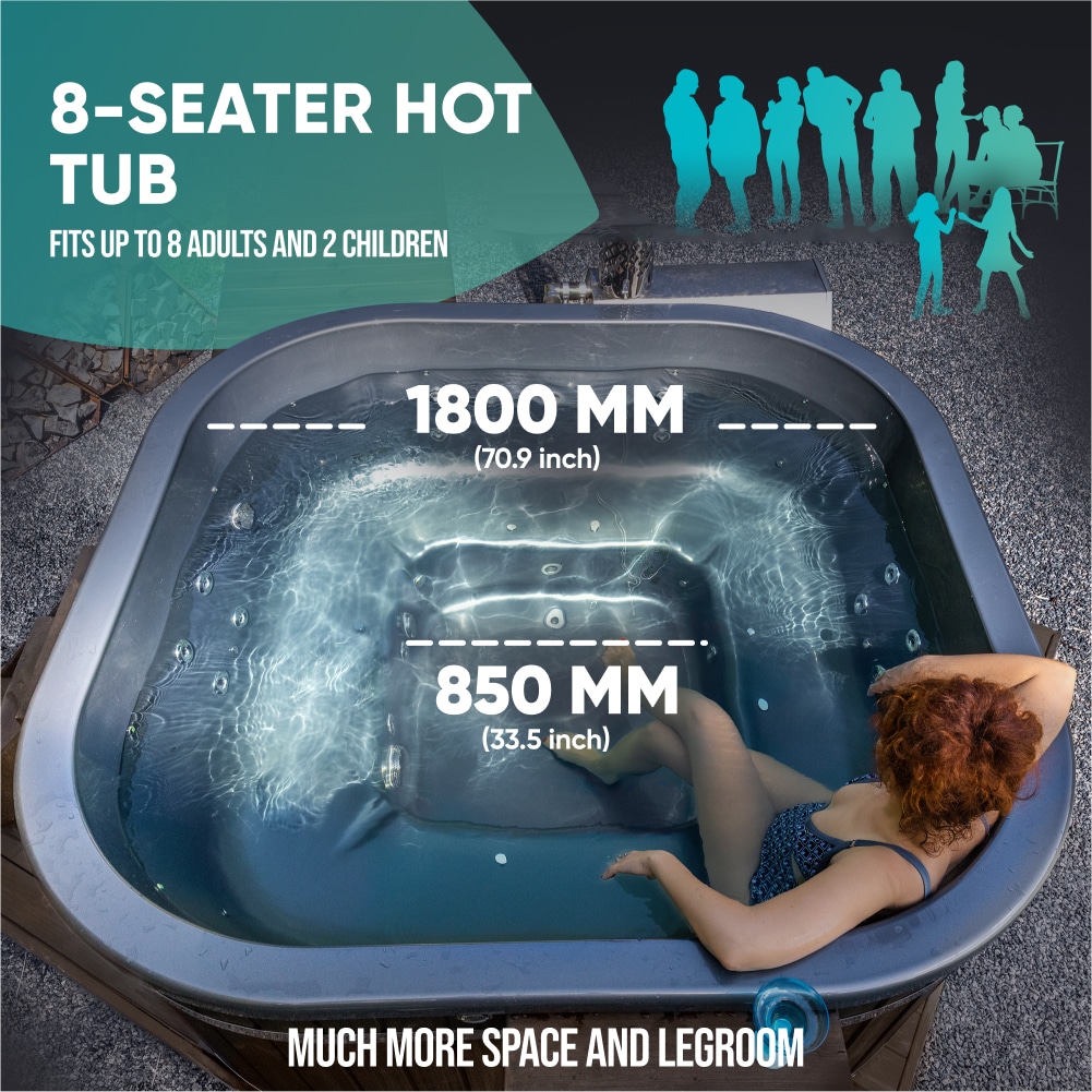 Square hot tub 180 cm wide, comfortable for 8 people