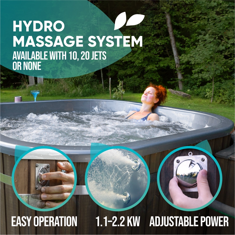 A square wood fired hot tub with hydro massage system