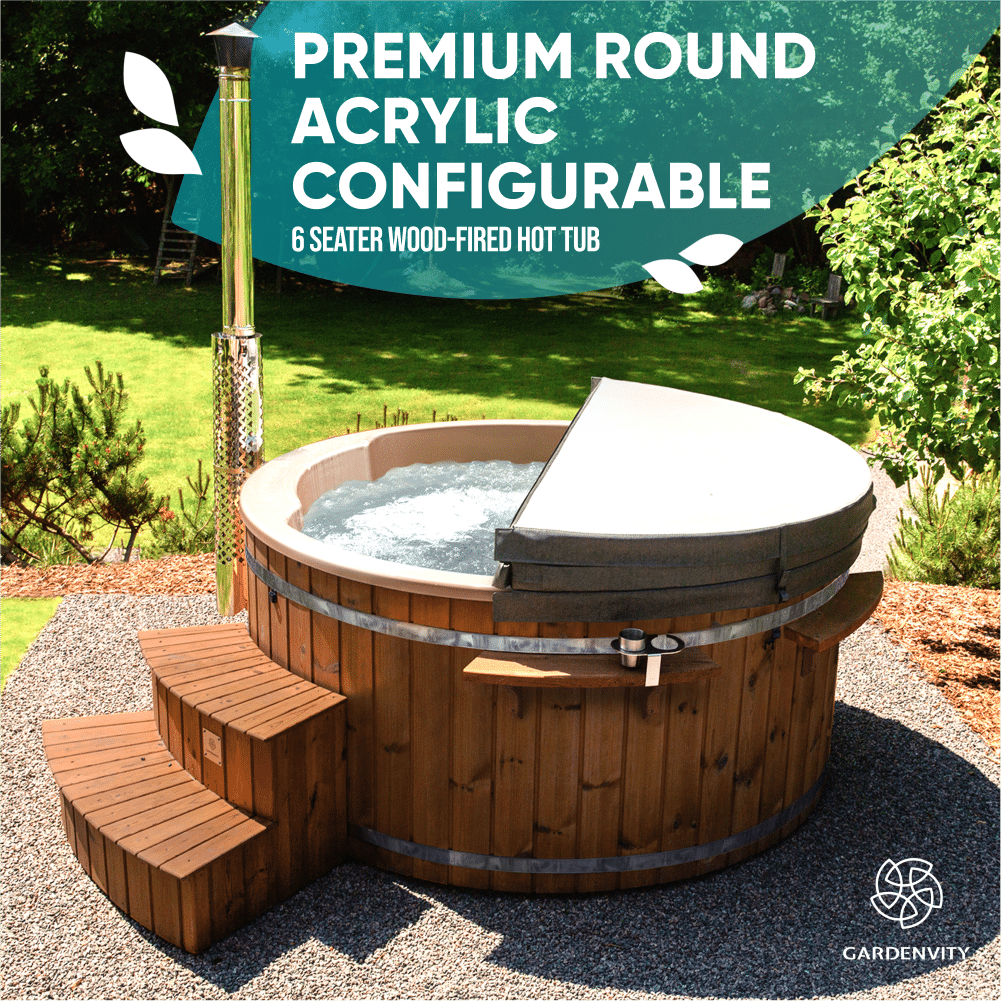 A round Gardenvity wood-fired hot tub for 6 people in the garden