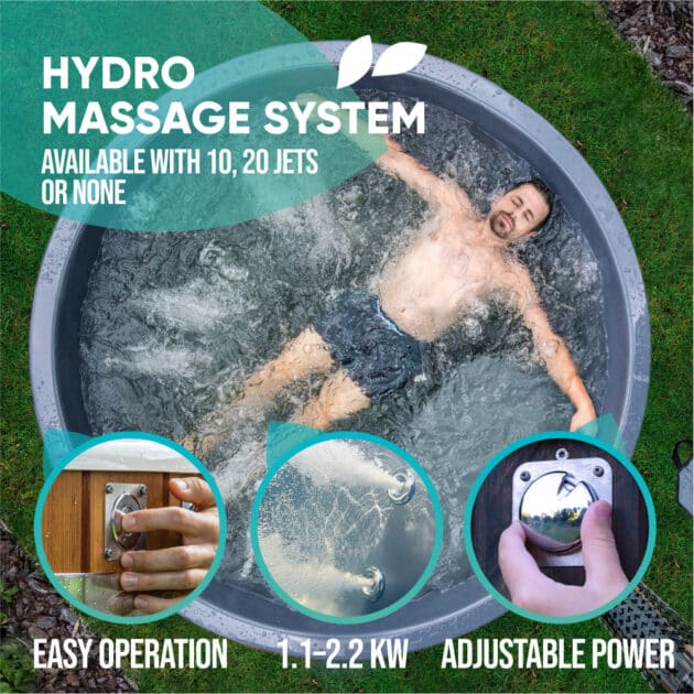 A round wood fired hot tub with hydro massage system