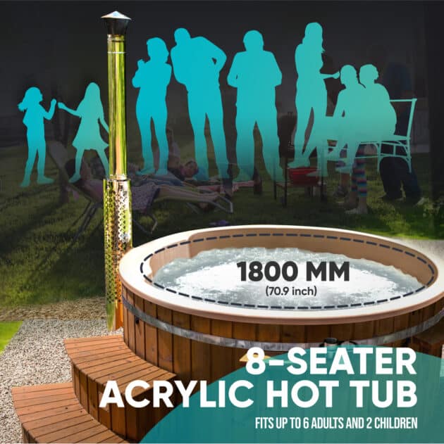 A round Gardenvity wood-fired hot tub for 8 people in the garden, 180 cm