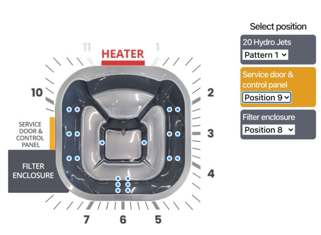 An explicit visualisation of custom positioning of the massage jets in a wood-fired hot tub